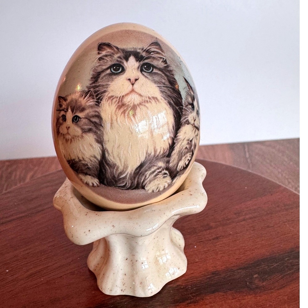 Vintage‎ Ceramic Cat Egg With Stand Hand Painted